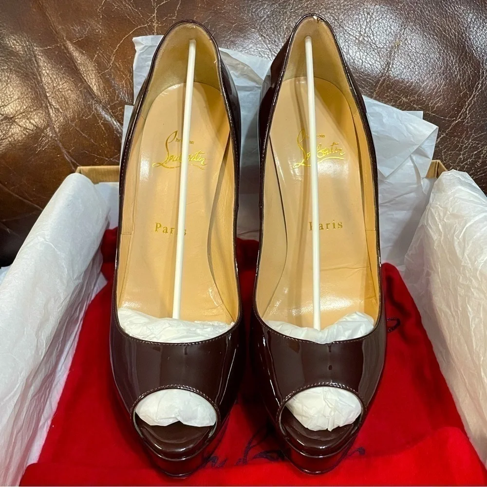 Christian Louboutin burgundy brown patent 150mm Lady Peep, peep toe pump…